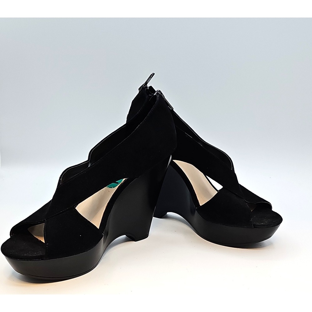 Nine West Black Suede Peep Toe Wedge Heels Women's 7.5 Back Zip 4"